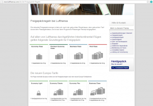 Screenshot der Lufhansa Handgepäckregeln