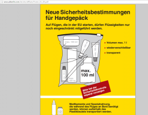 Screenshot einer AirBerlin-PDF zum Thema Handgepäckverordnung für Flüssigkeiten