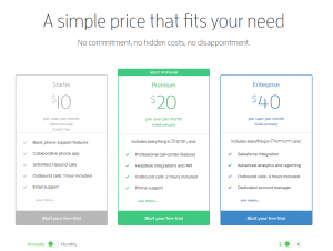 Screenshot aus dem Aircall-Pricing